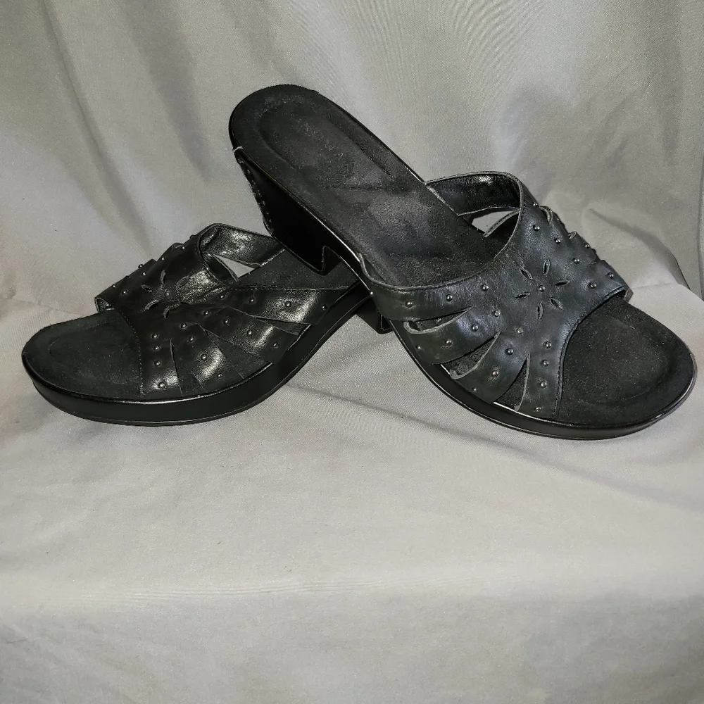 Leather Sandals 8M Black Slip On Shoes - Picture 3 of 5